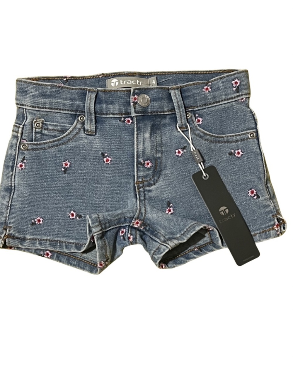 Tractr Blue Denim Shorts with Pink Floral Embroidery